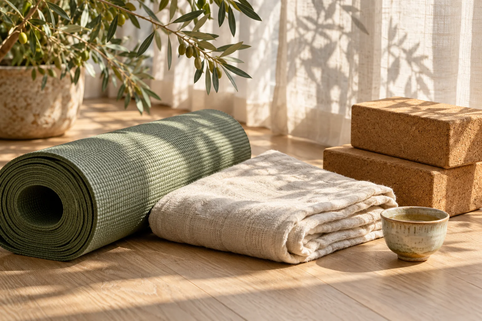 AI illustrative yoga essentials beside a sunlit curtain